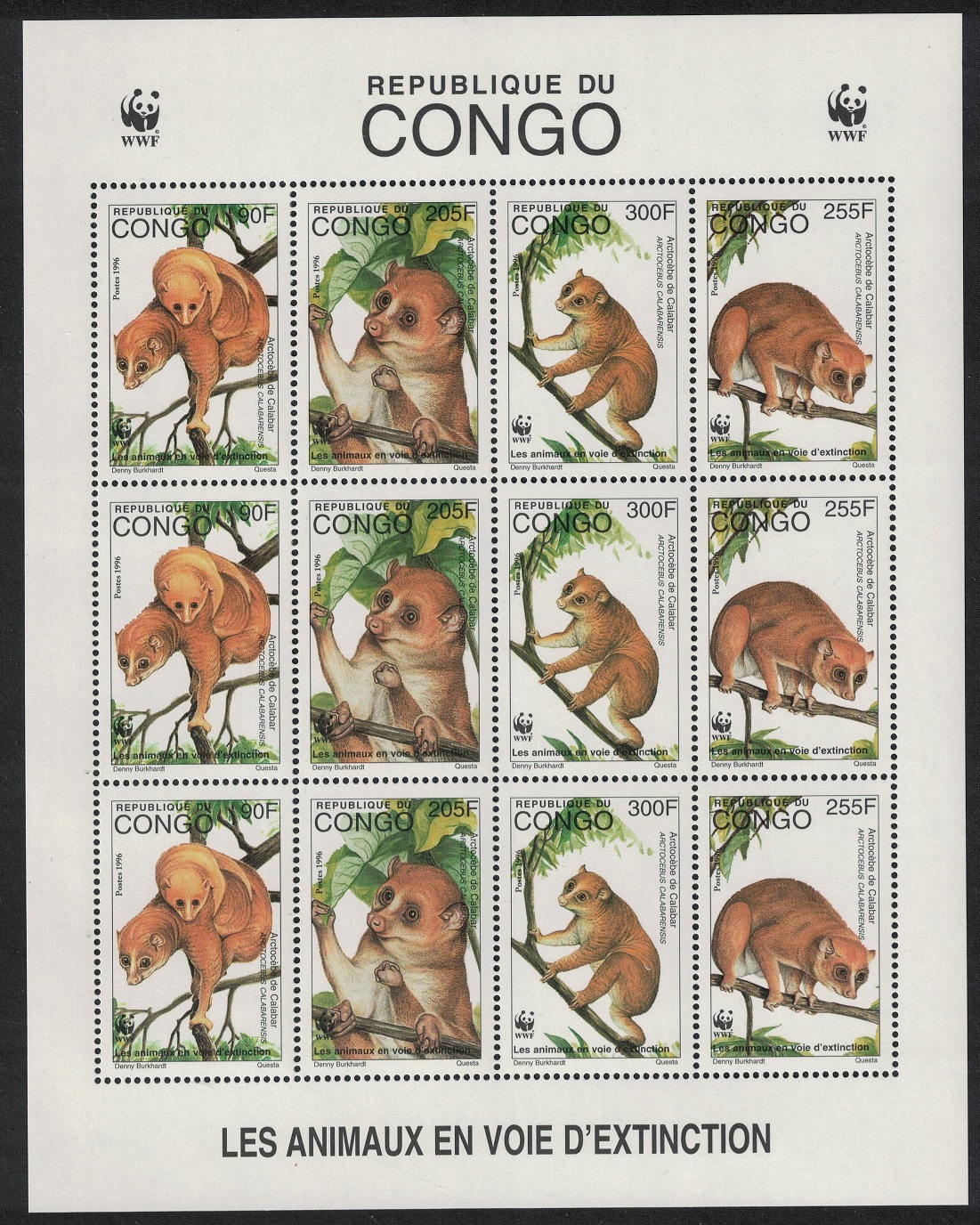 Congo WWF Golden Potto Sheetlet of 3 sets 1997 MNH MI#1504-1507 Sc#1134 a-d