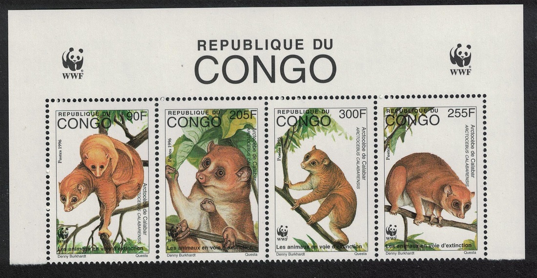 Congo WWF Golden Potto Strip of 4v WWF Logo 1997 MNH MI#1504-1507 Sc#1134 a-d