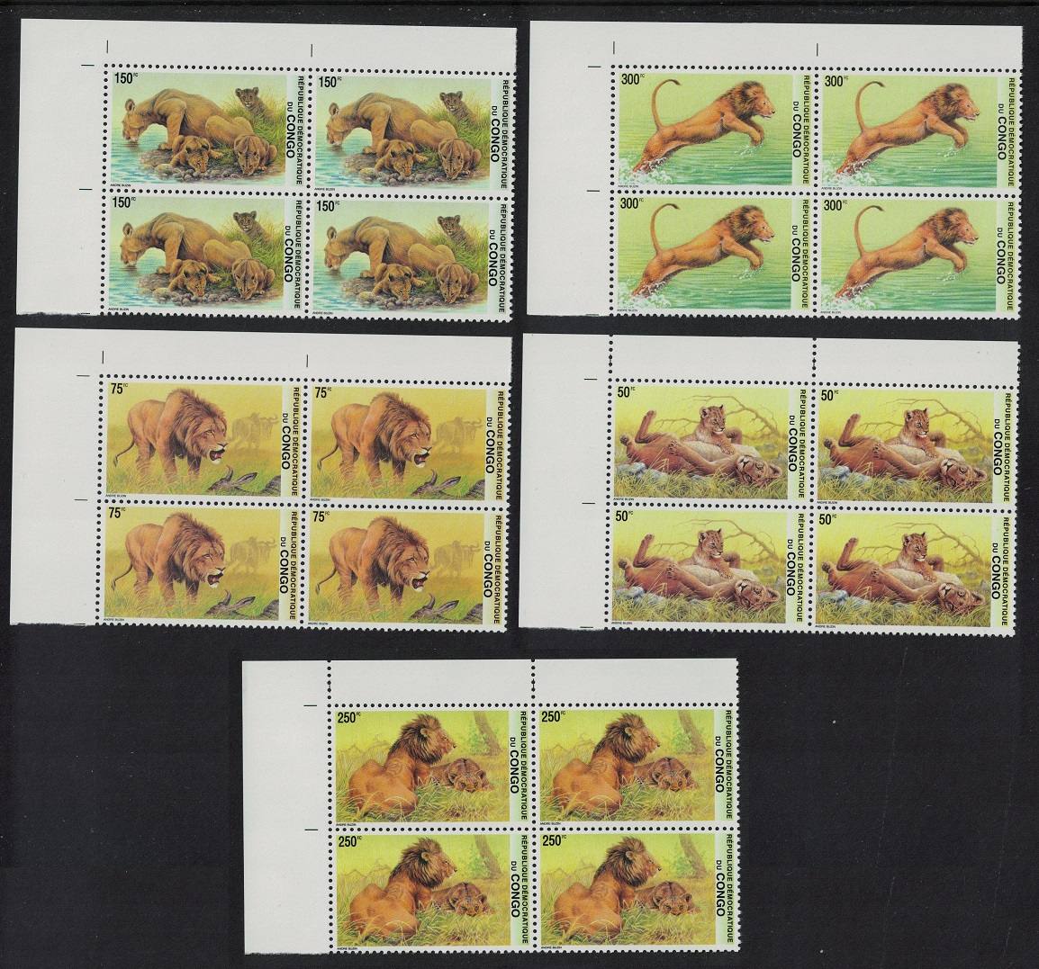 Congo Democratic Republic Lions 5v Corner Blocks of 4 2002 MNH Sc#1621-1625