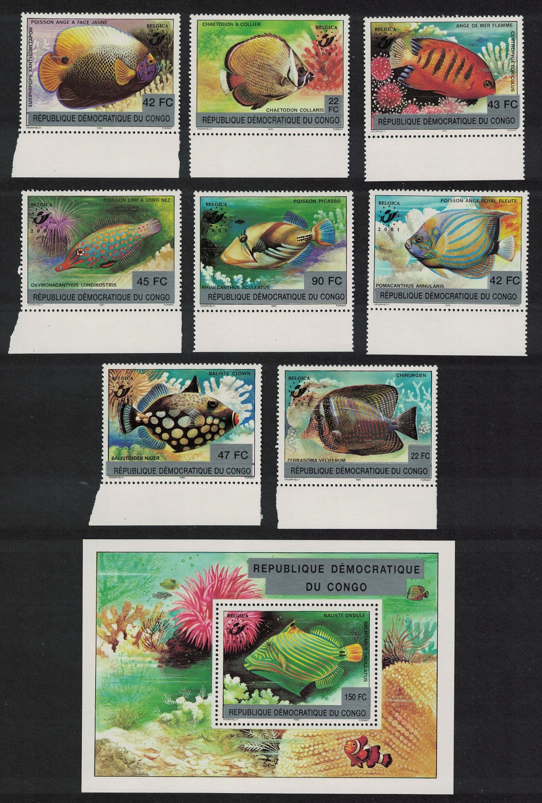 Congo Democratic Republic Fish 8v+MS Overprint &#39;Belgica&#39; COMPLETE RARR 2001 MNH