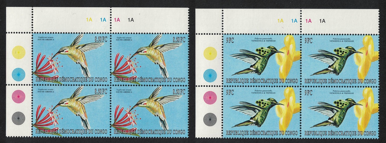 Congo Democratic Republic Hummingbirds 2v Corner Blocks of 4 2000 MNH MI#1487-1488