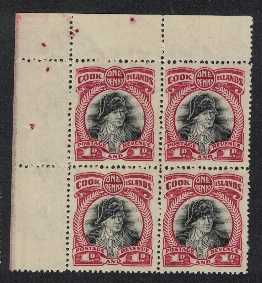 Cook Islands Captain Cook 1d Corner Block of 4 PERF 14! 1932 MNH SG#100c MI#30Cb