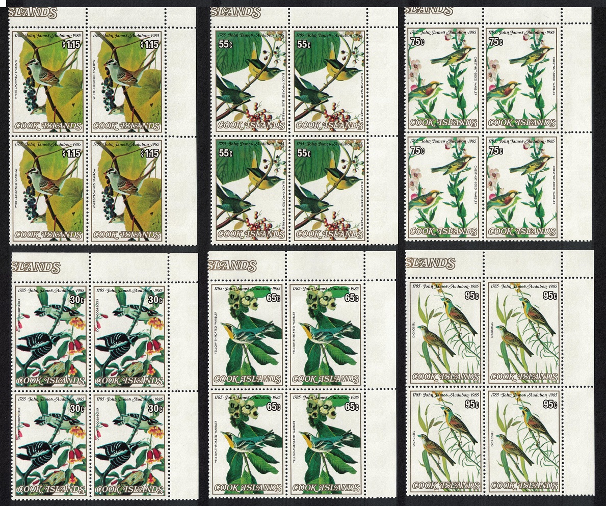 Cook Islands Birds Audubon 6v Corner Blocks of 4 1985 MNH SG#1015-1020