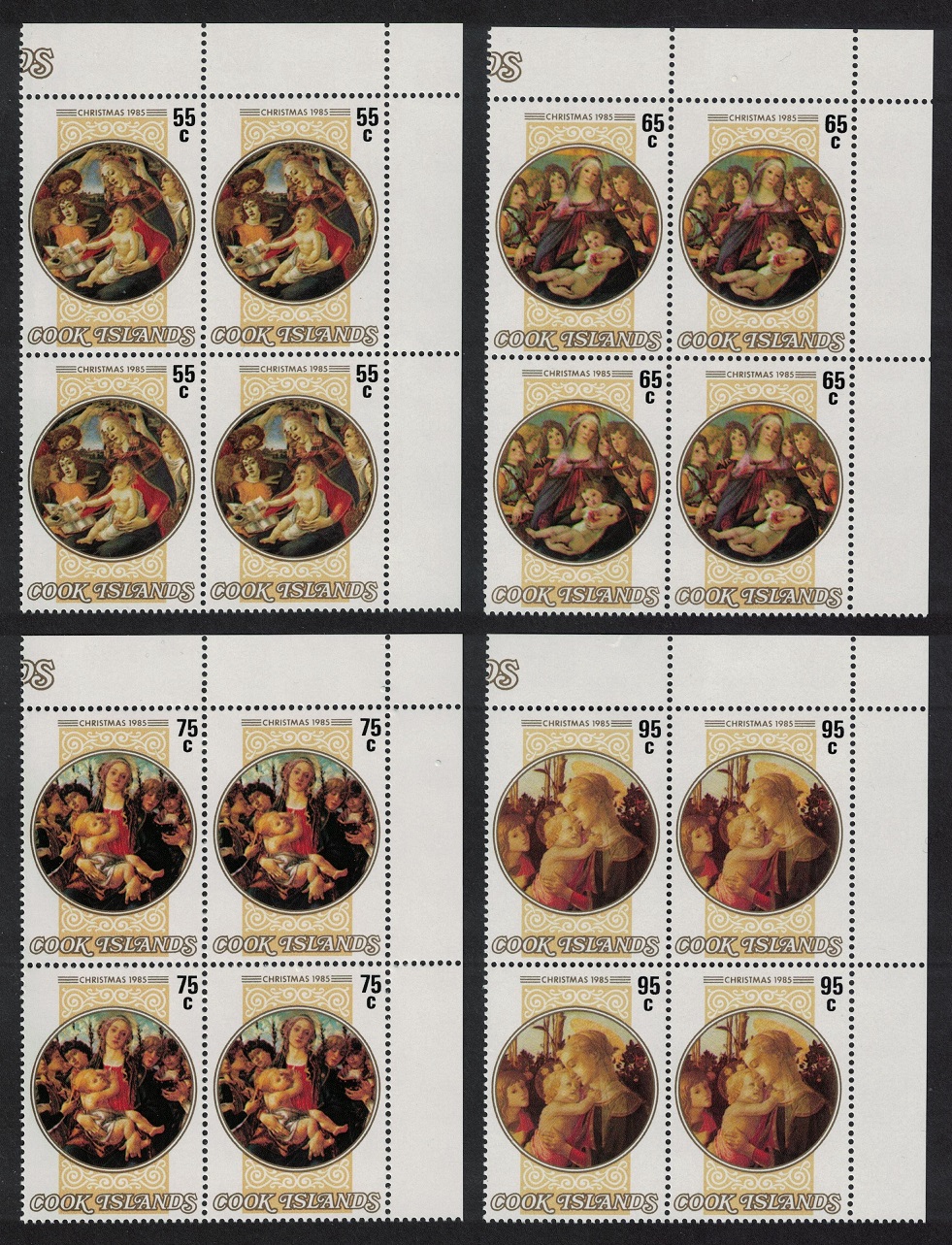 Cook Islands &#39;Virgin and Child&#39; Paintings by Botticelli Corner Blocks of 4 1985 MNH SG#1052-1055