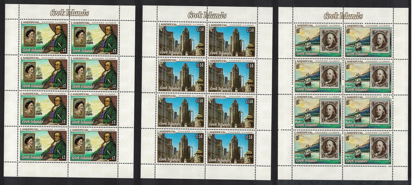 Cook Islands Ameripex &#39;86 International Exhibition Chicago Sheetlets 1986 MNH SG#1069-1071