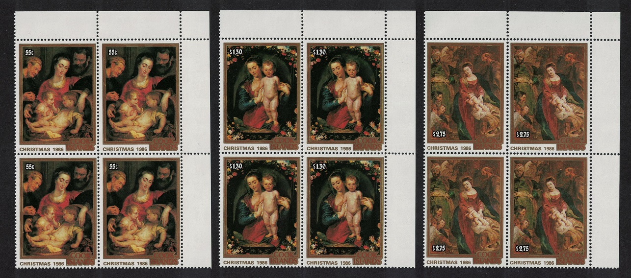 Cook Islands Paintings by Rubens Christmas 3v Corner Blocks of 4 1986 MNH SG#1080-1082