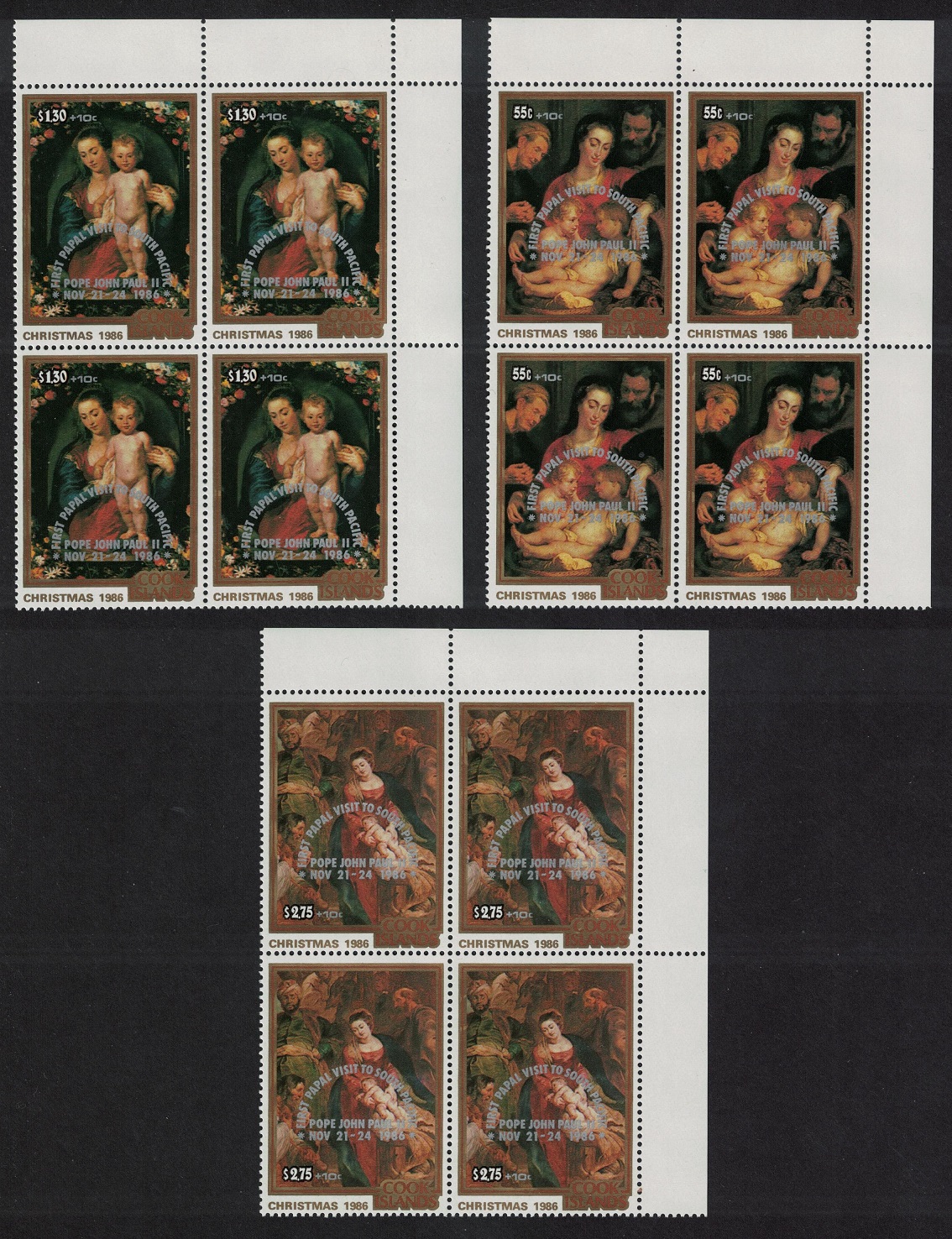 Cook Islands Visit of Pope Rubens Paintings Corner Blocks of 4 1986 MNH SG#1085-1087