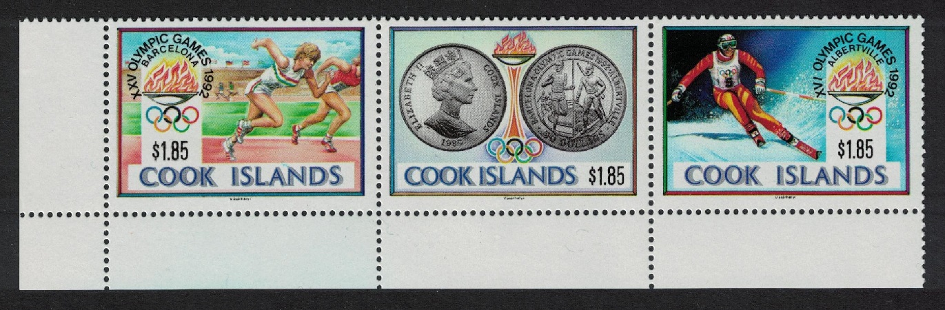 Cook Islands Olympic Games Barcelona and Albertville Corner strip of 3 1990 MNH SG#1242-1244 Sc#1039