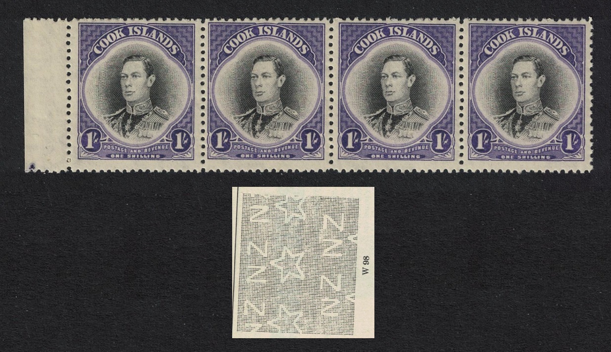 Cook Islands King George VI 1Sh WZ98 Strip of 4 1944 MNH SG#143