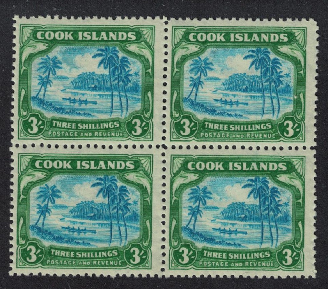 Cook Islands Native canoe 3Sh WZ98 Block of 4 1945 MNH SG#145