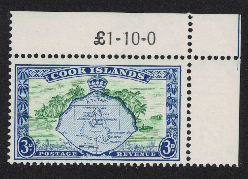 Cook Islands Aitutaki and Palm trees 3d Corner 1949 MNH SG#153