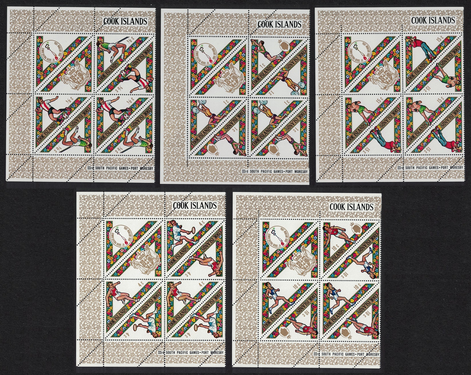 Cook Islands Football Golf Tennis Sport Triangles Blocks of 3 +Label 1969 MNH SG#295-304 Sc#254-263