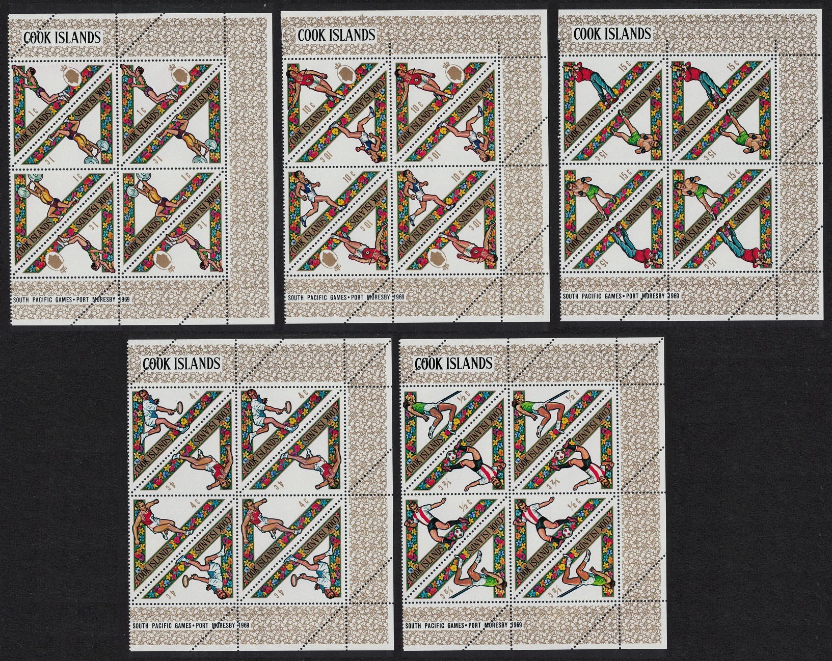 Cook Islands Football Golf Boxing Tennis Sport Triangles Blocks of 4 1969 MNH SG#295-304 Sc#254-263