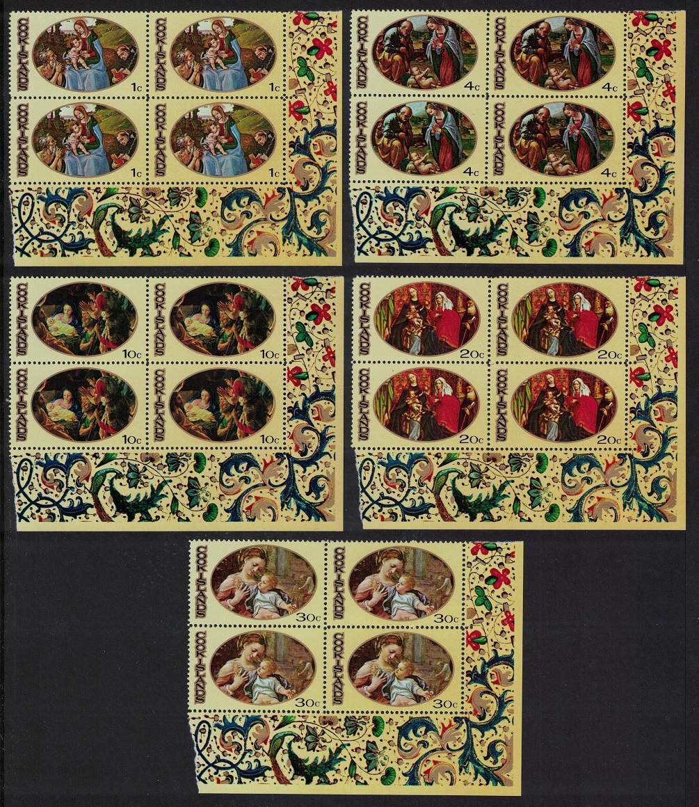 Cook Islands Christmas Paintings 5v Corner Blocks of 4 1969 MNH SG#310-314 Sc#268-272