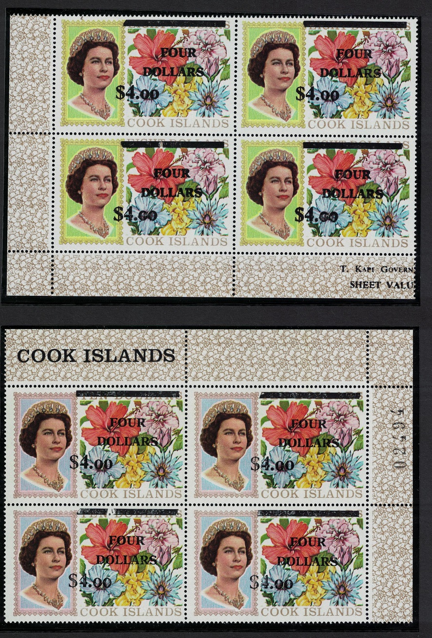 Cook Islands Flowers Surch Without Security Corner Blocks of 4 RAR 1970 MNH SG#335-336 MI#254x-255x