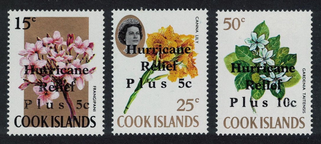 Cook Islands Flowers optd &#39;Hurricane Relief Plus&#39; 3v 1972 MNH SG#379-382