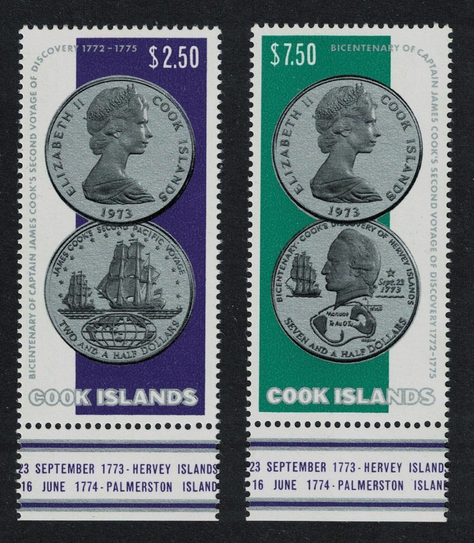 Cook Islands Captain Cook&#39;s Voyage Coins 2v 1974 MNH SG#492-493