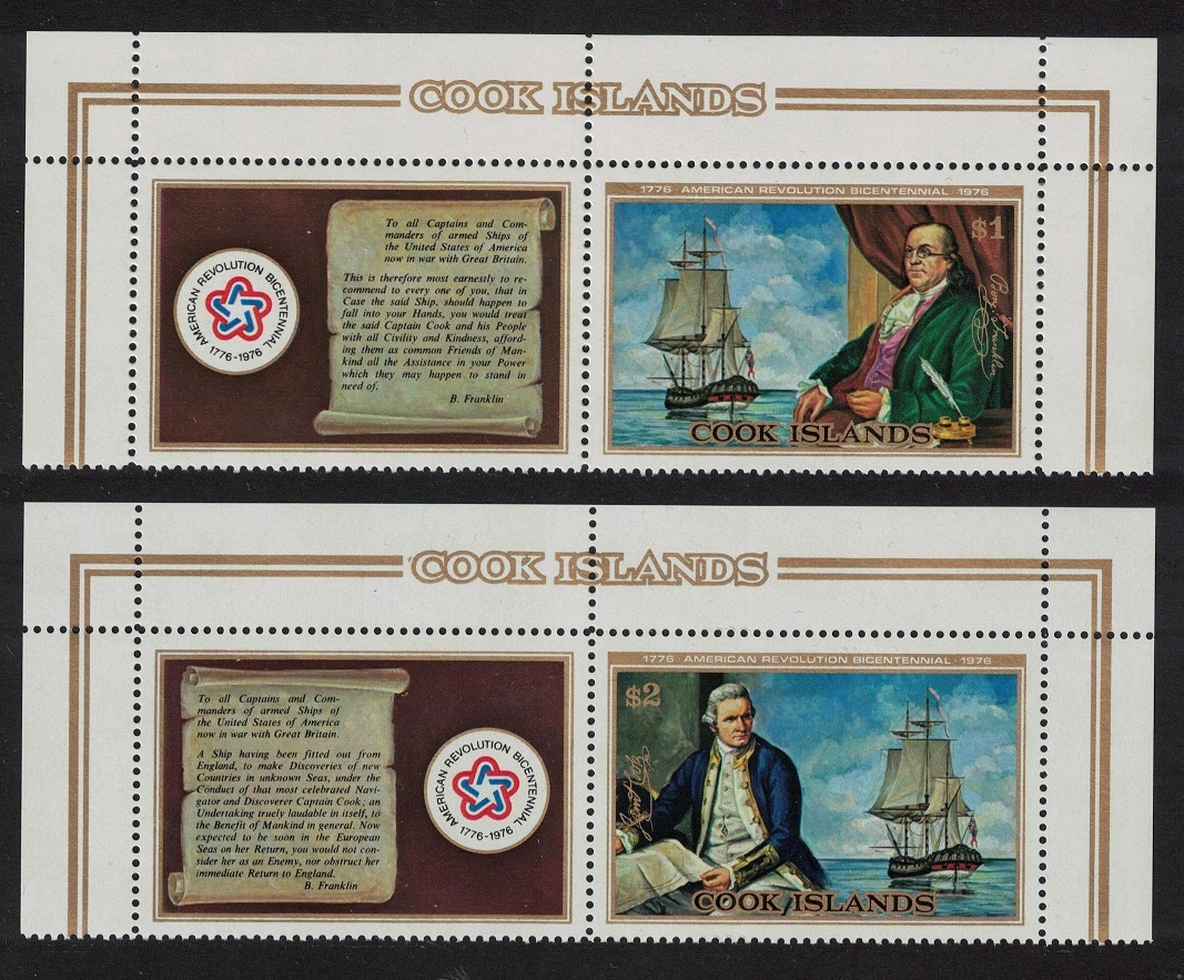 Cook Islands Captain Cook Franklin American Revolution 2v Top Labels 1976 MNH SG#541-542 MI#485-486