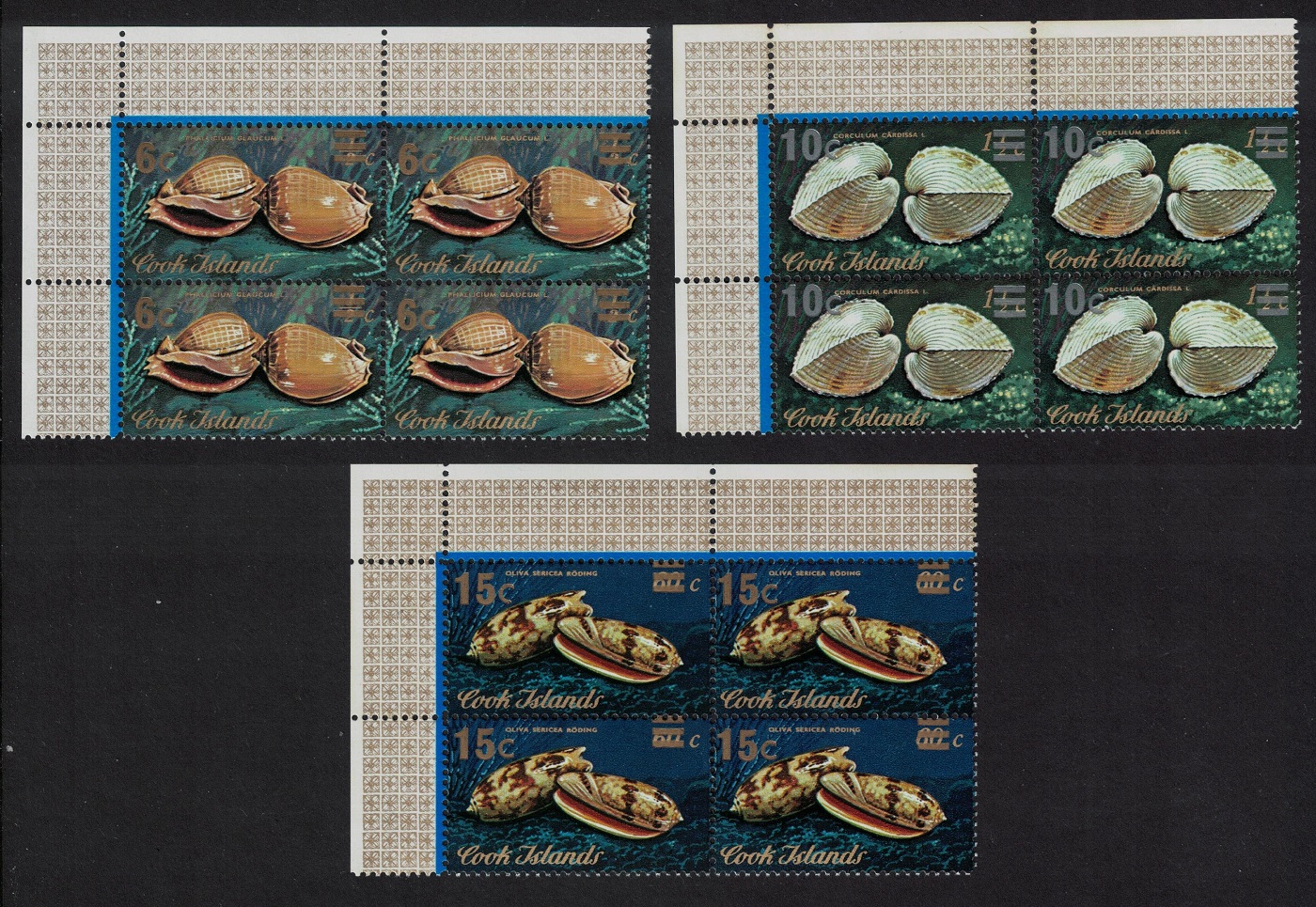 Cook Islands Shells 3c Corner Blocks of 4 Overprint 1979 MNH SG#646-648