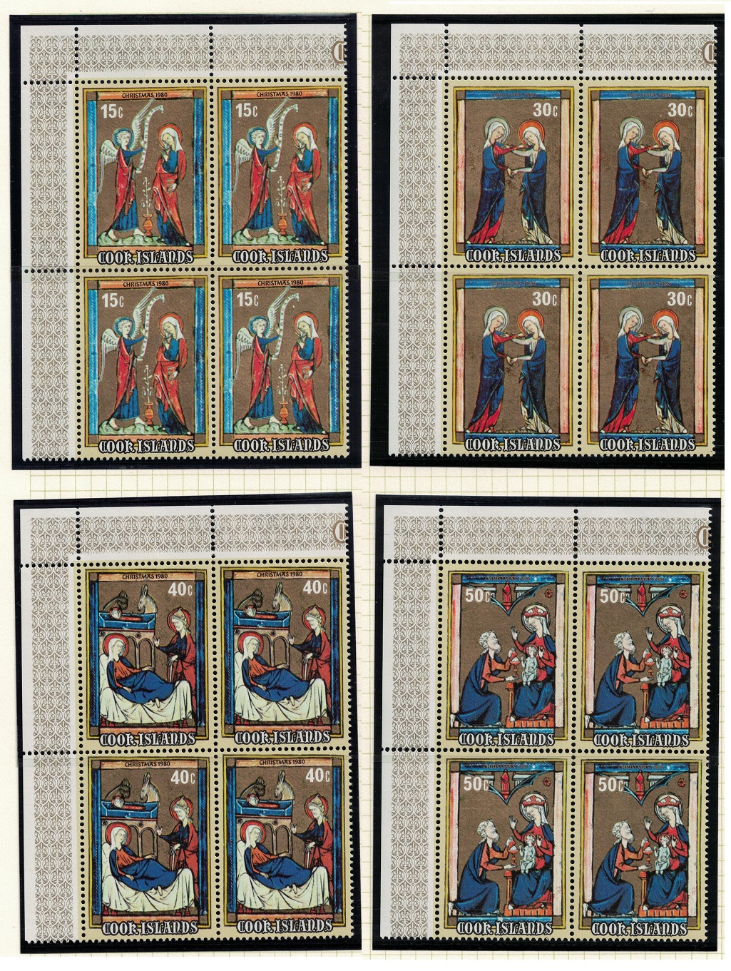 Cook Islands Christmas French Prayer Books Corner Blocks of 4 1980 MNH SG#801-804