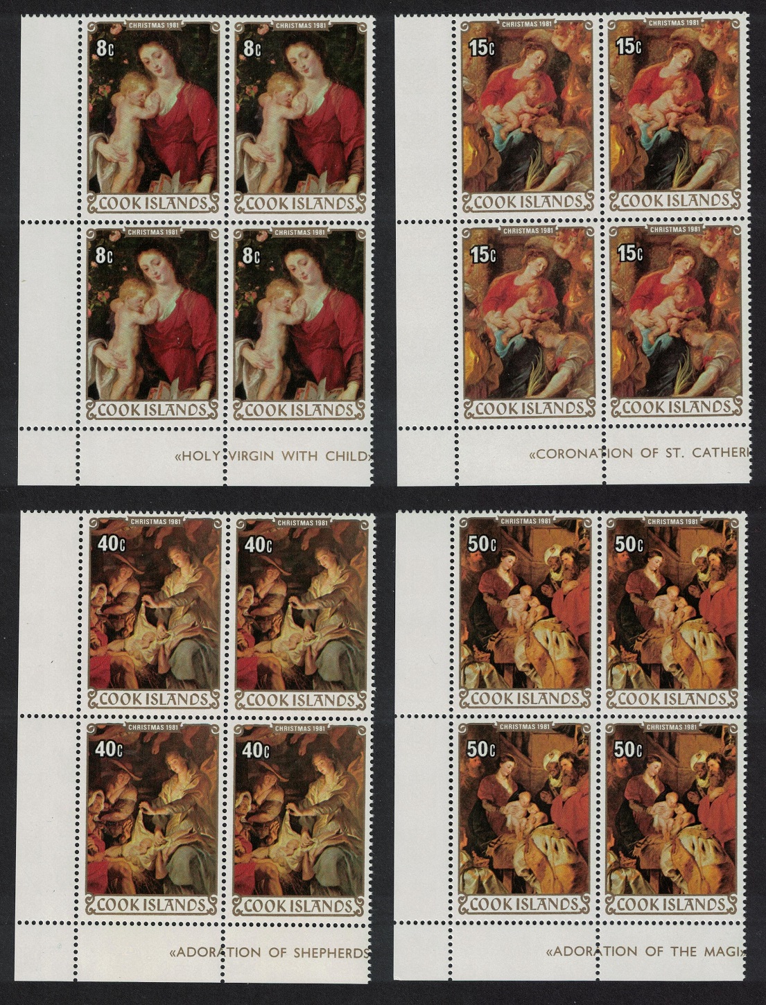 Cook Islands Christmas. Details of Paintings by Rubens 4v Corners 1982 MNH SG#827-830