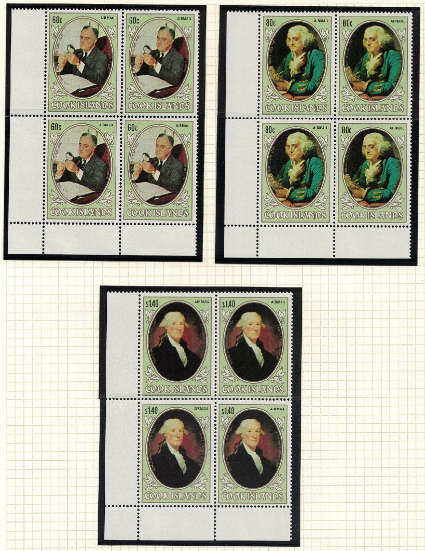 Cook Islands Roosevelt Franklin Washington 3 Corner Blocks of 4 1982 MNH SG#852-854