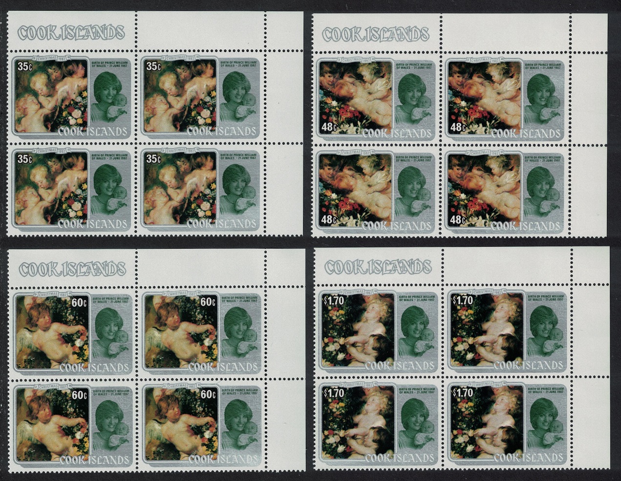 Cook Islands Rubens paintings Christmas 4v Corner blocks 1982 MNH SG#856-859 Sc#687-690