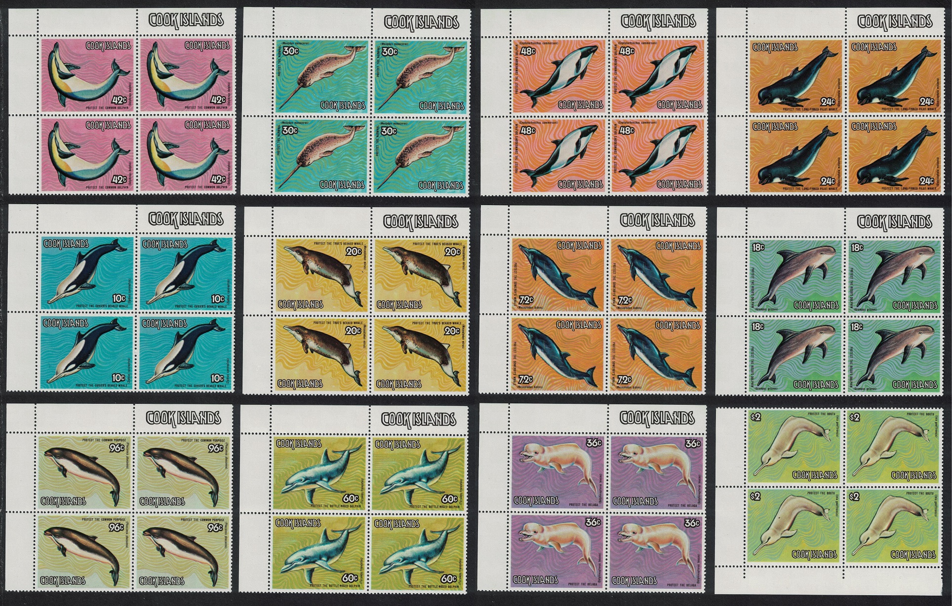 Cook Islands Save the Whale 12v Corner Blocks of 4 1984 MNH SG#946-957 Sc#767-778