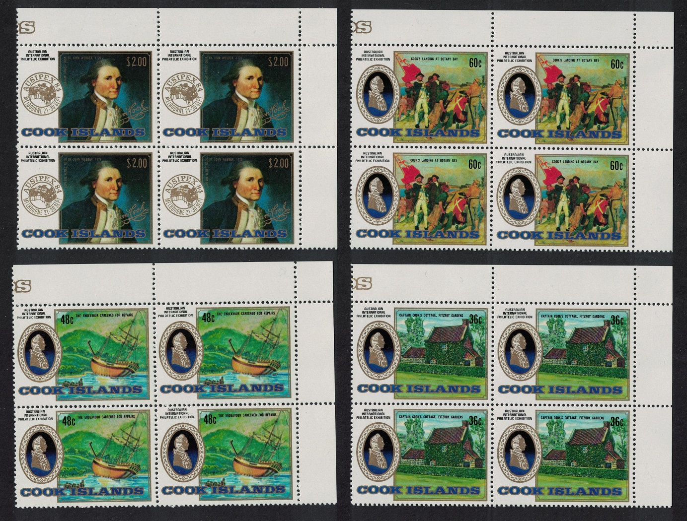 Cook Islands Captain Cook&#39;s Cottage 4v Corner Blocks of 4 1984 MNH SG#998-1001