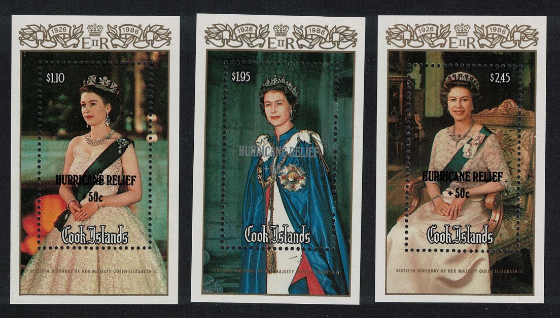 Cook Islands Queen Elizabeth II Ovpt &#39;HURRICANE RELIEF&#39; 3 MSs 1987 MNH SG#MS1171