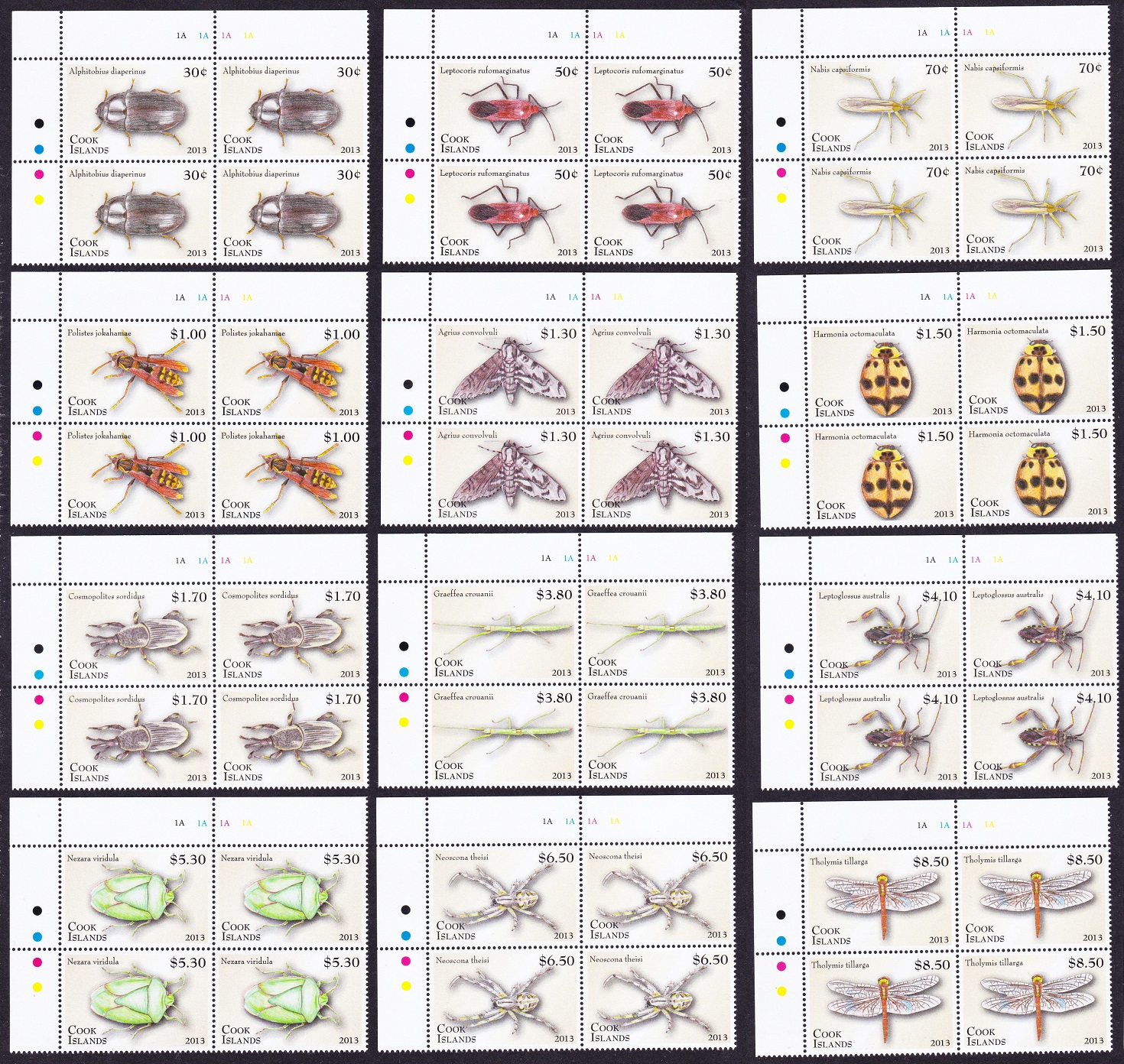 Cook Islands Insects Beetle Dragonfly Definitives Part 1 Corner Blocks of 4 2013 MNH SG#1715-1736 Sc#1460-1471