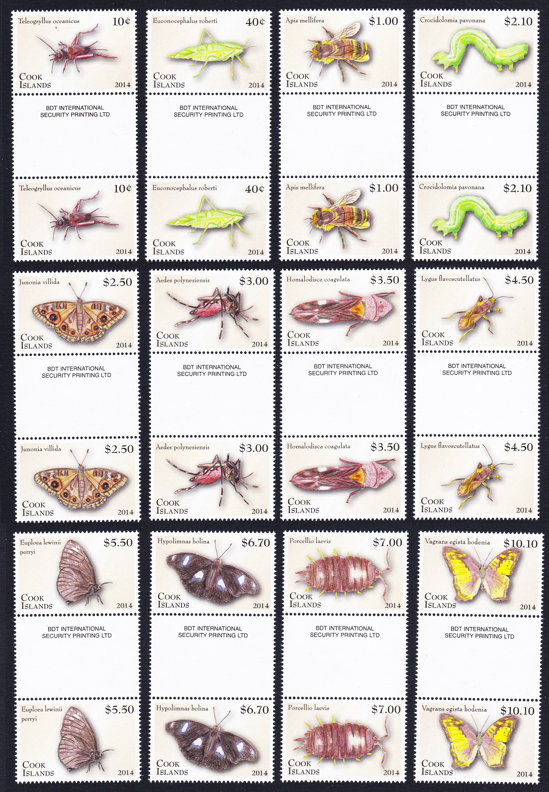 Cook Islands Insects Beetle Dragonfly Definitives Part 2 12v Gutter Pairs 2014 MNH SG#1714-1737 Sc#1491-1502