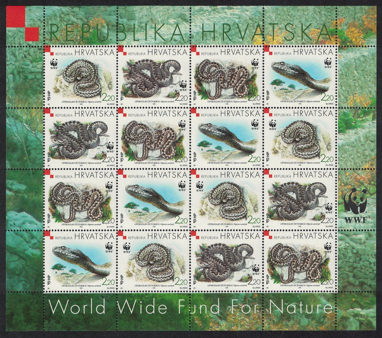 Croatia WWF Orsini&#39;s Viper Snake Sheetlet of 4 sets 1999 MNH SG#581-584 MI#500-503 Sc#391 a-d