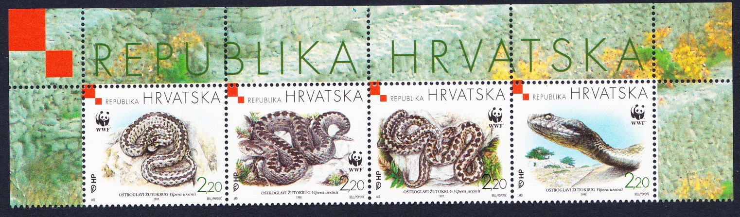 Croatia WWF Orsini&#39;s Viper Top Strip of 4v 1999 MNH SG#581-584 MI#500-503 Sc#391 a-d