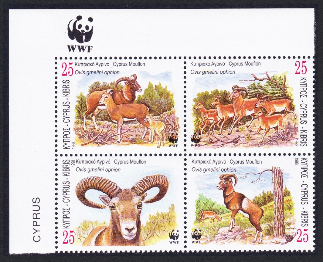 Cyprus Mouflon 4v Corner Block 2*2 WWF Logo 1998 MNH SG#941-944 MI#914-917 Sc#920-923