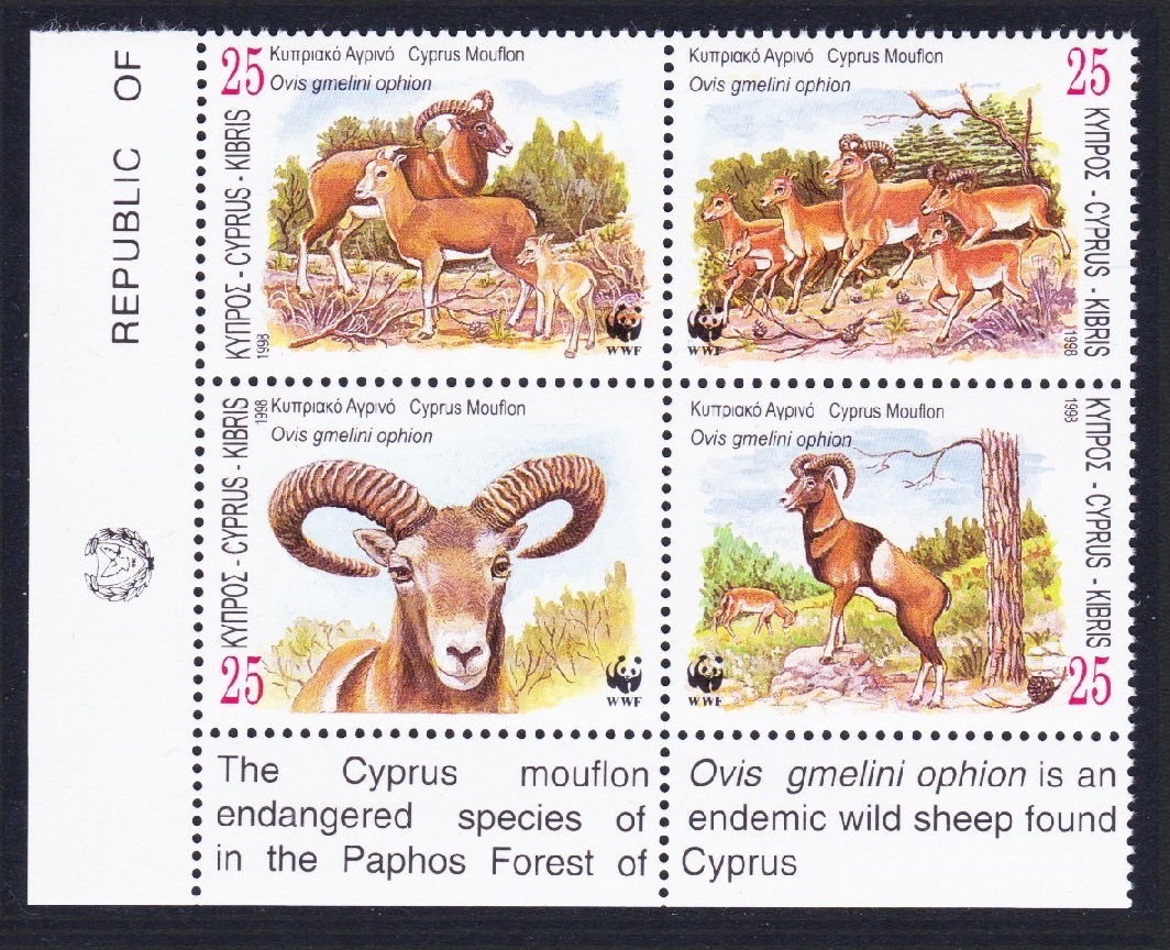 Cyprus WWF Mouflon Corner Block of 4v with Description 1998 MNH SG#941-944 MI#914-917 Sc#920-923