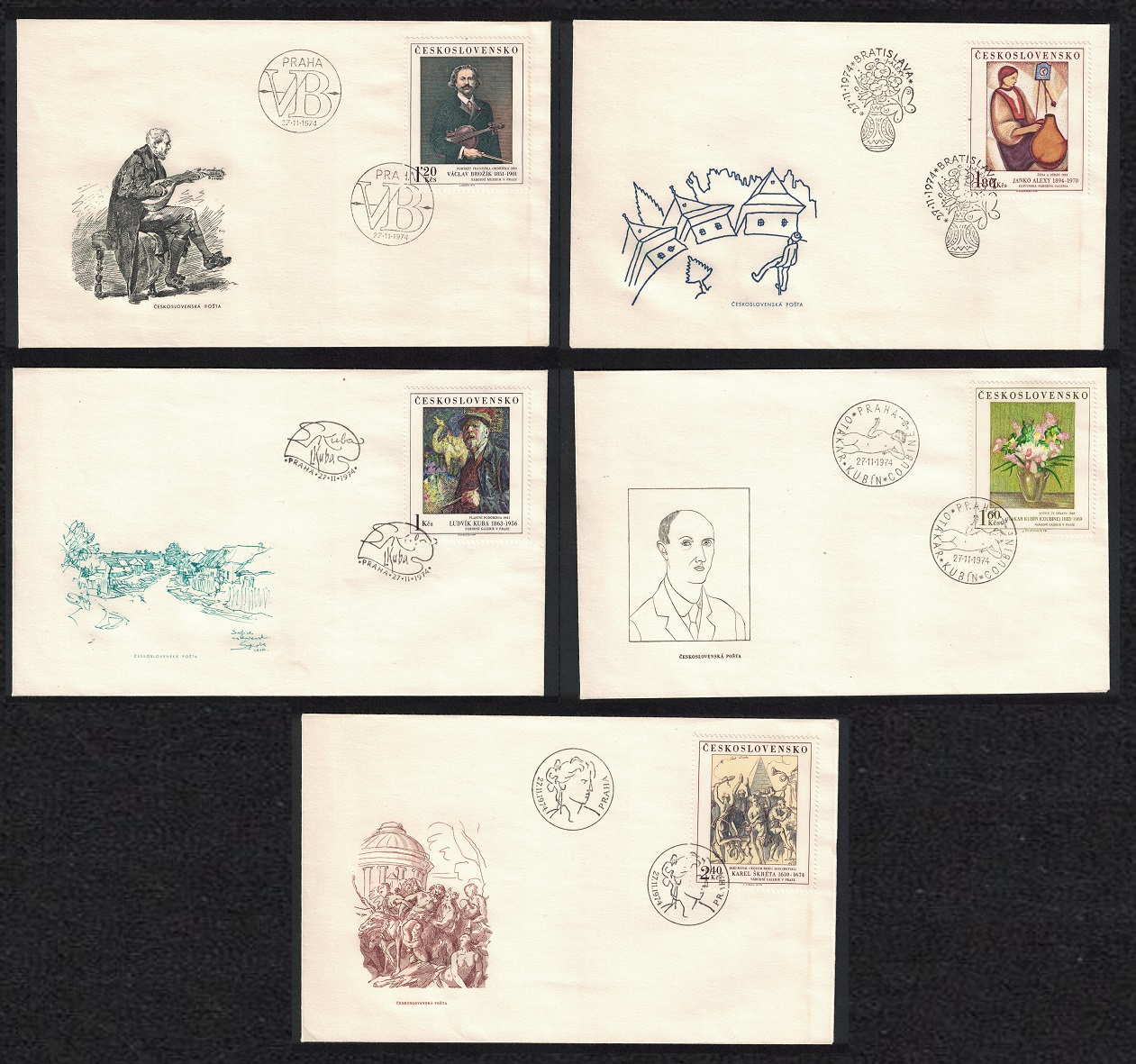 Czechoslovakia Art Paintings 9th series 5 FDCs 1974 MNH SG#2194-2198