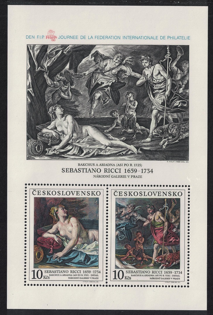 Czechoslovakia &#39;Bacchus and Ariadne&#39; Painting by Sebastian Ricci MS Ovp 1989 MNH MI#Block 91