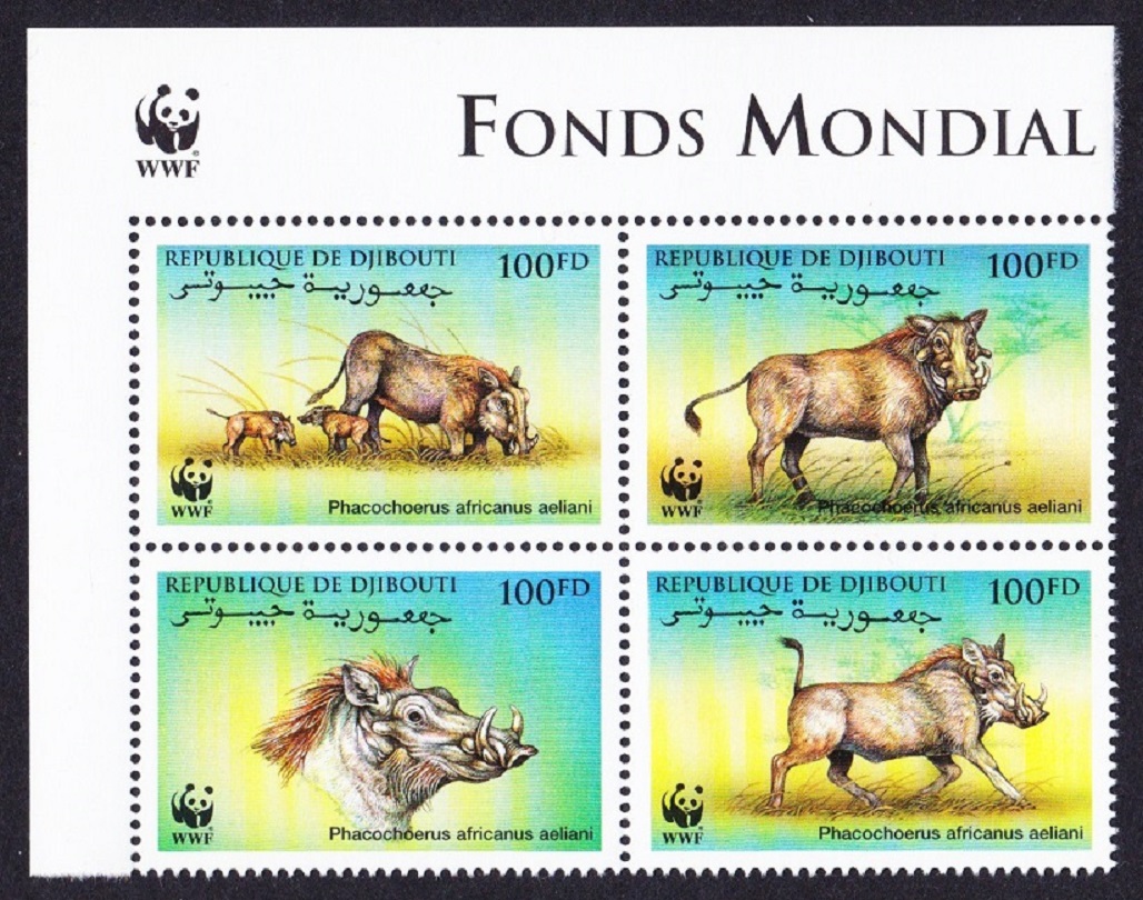 Djibouti WWF Eritrean Warthog 4v Corner block of 4 WWF Logo 2000 MNH SG#1192-1195 MI#678-681 Sc#795 a-d