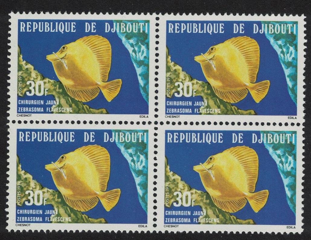 Djibouti Yellow tang Fish 30f Block of 4 1978 MNH SG#744