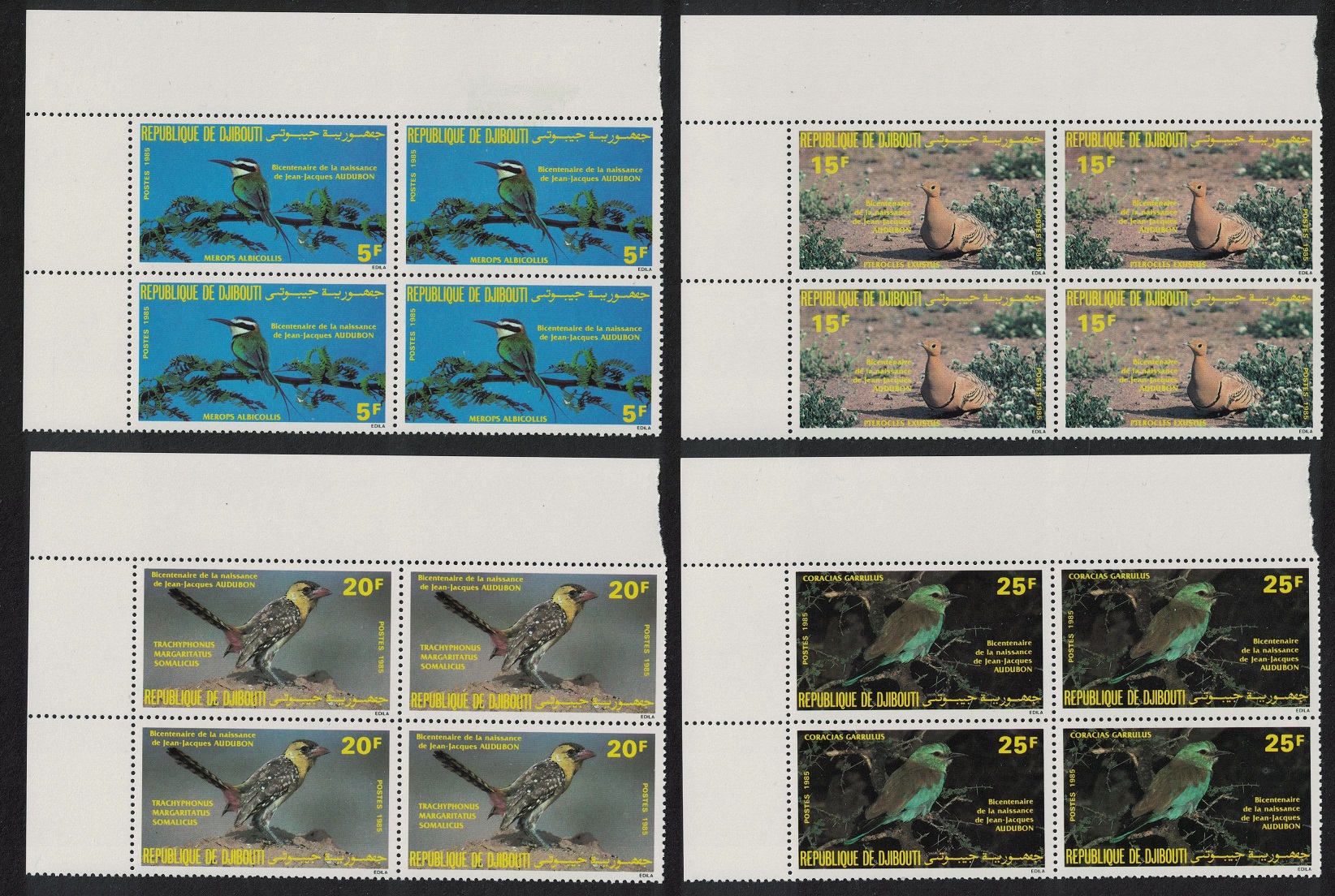 Djibouti Bee Eater Grouse Barbet Birds Audubon 4v Corner Blocks of 4 1985 MNH SG#941-944