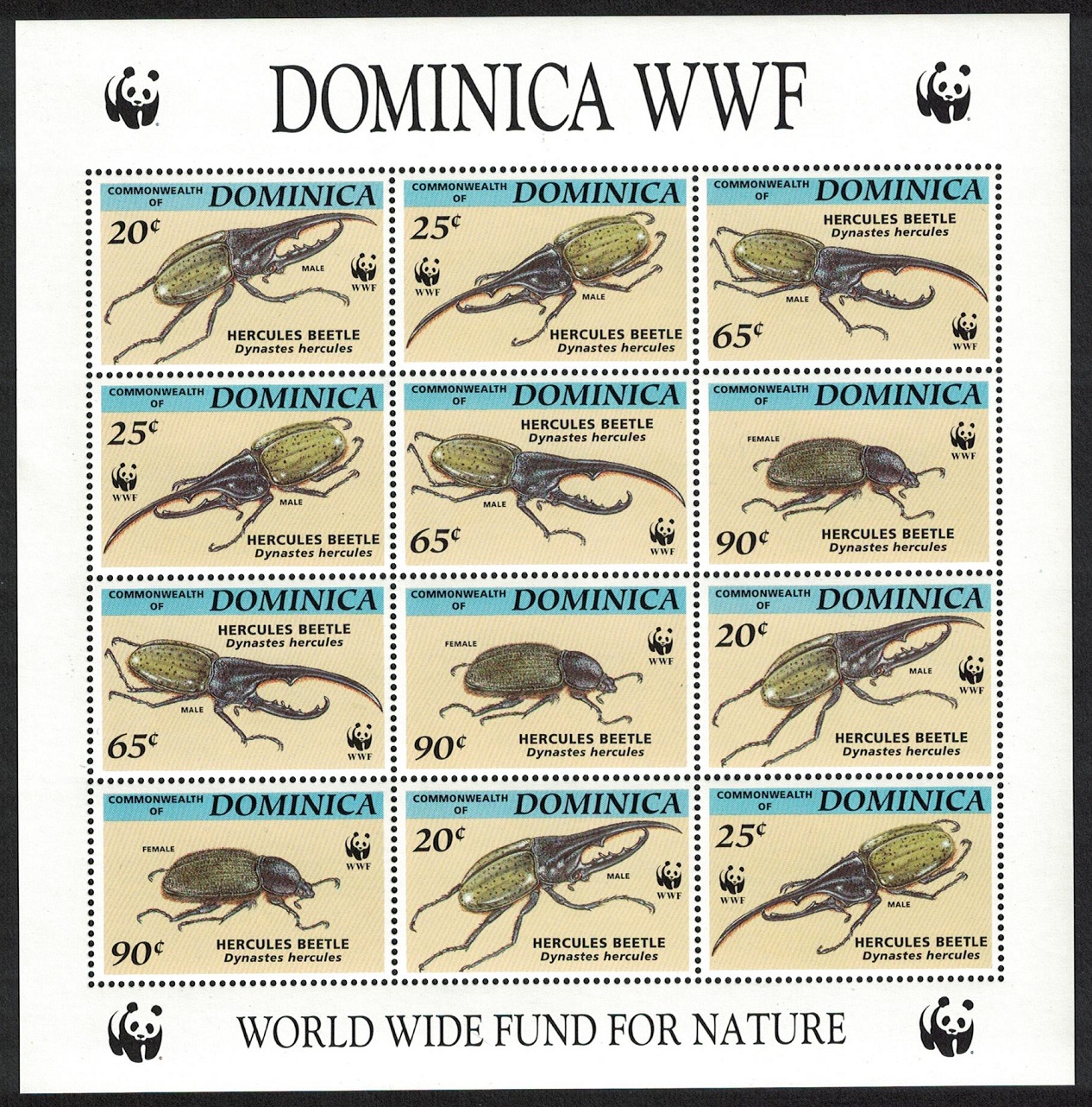 Dominica WWF Hercules Beetle Sheetlet of 3 sets 1994 MNH SG#1799-1802 MI#1804-1807 Sc#1647-1650