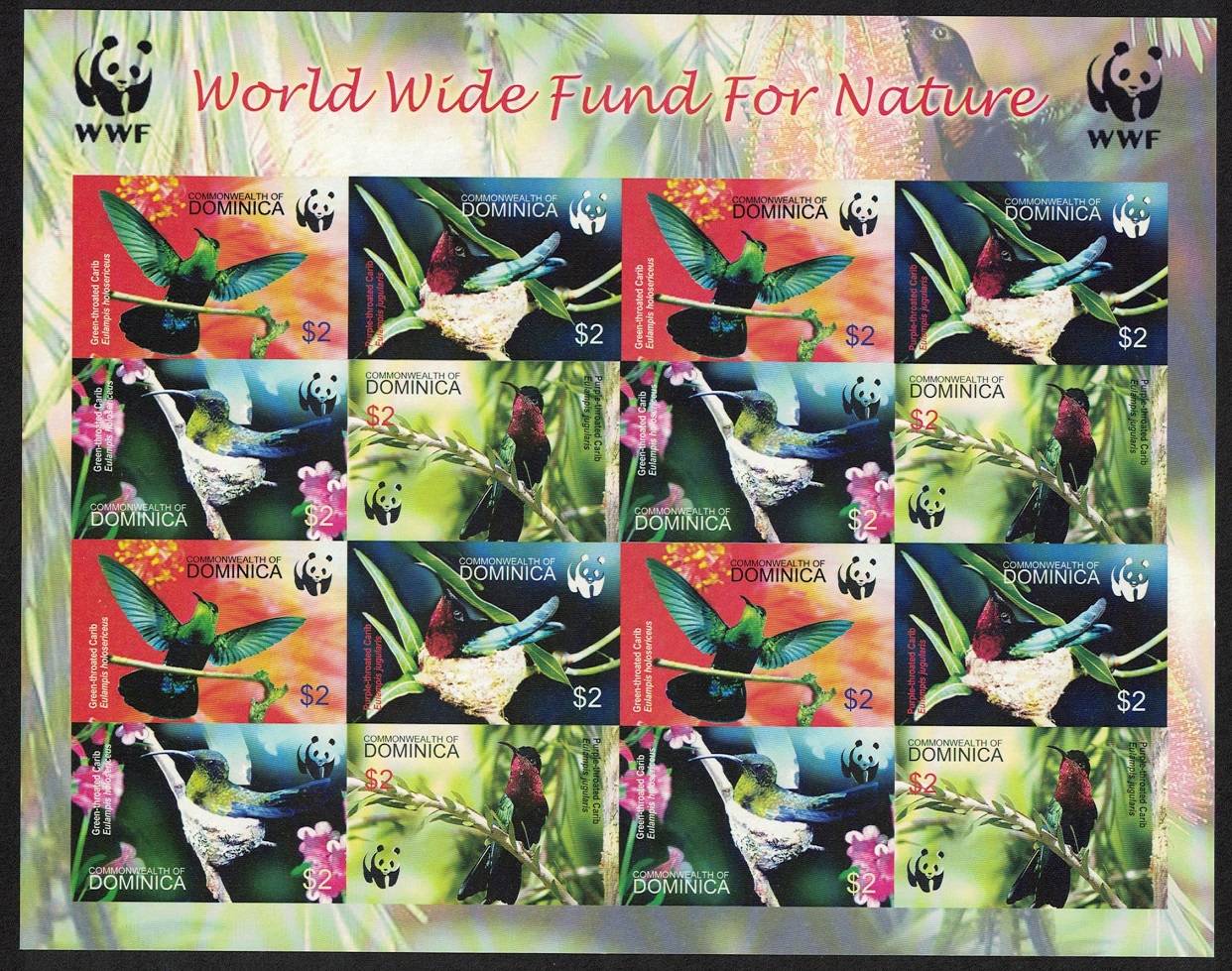 Dominica Birds WWF Caribs Imperf Sheetlet of 4 sets 2005 MNH SG#3412-3415 MI#3634-3637B Sc#2520 a-d