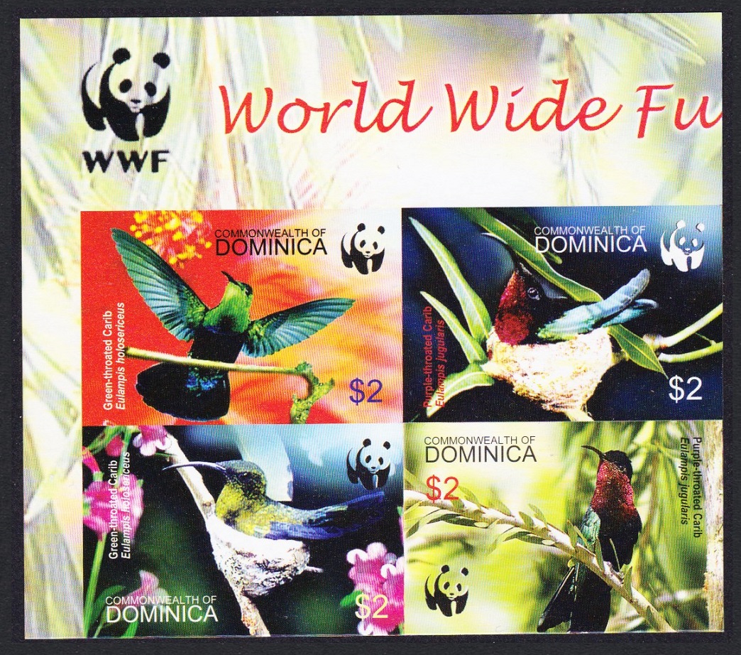 Dominica Birds WWF Caribs Imperf Block of 4 WWF Logo 2005 MNH SG#3412-3415 MI#3634-3637B Sc#2520 a-d