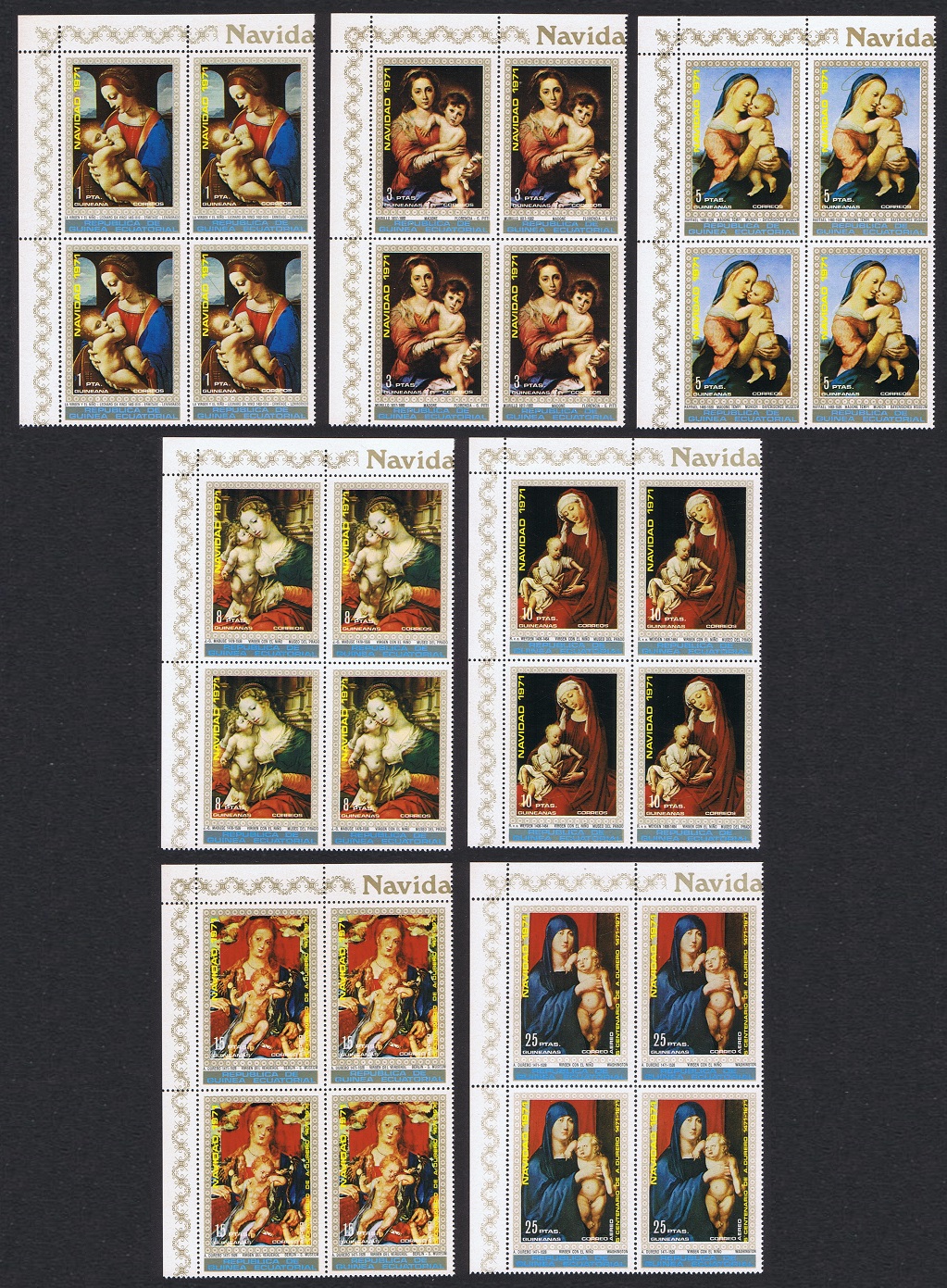 Equatorial Guinea Paintings Madonnas Christmas 4v Blocks of 4 1972 MNH Sc#7223-7231