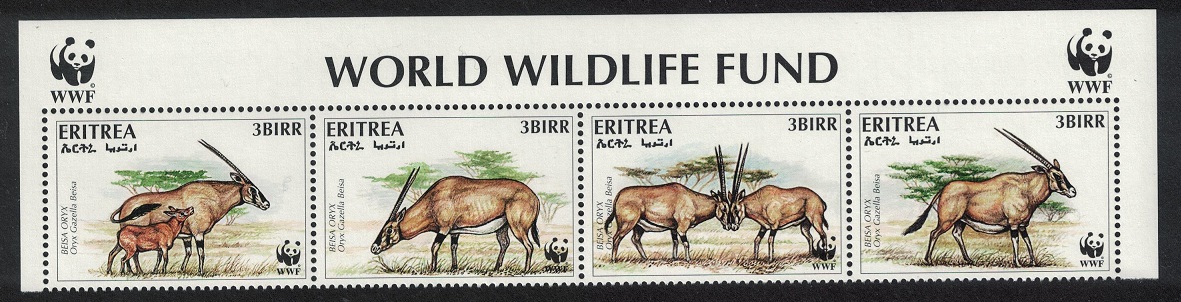 Eritrea WWF Beisa Oryx Strip of 4v WWF Logo 1996 MNH SG#319-322 MI#87-90 Sc#261 a-d