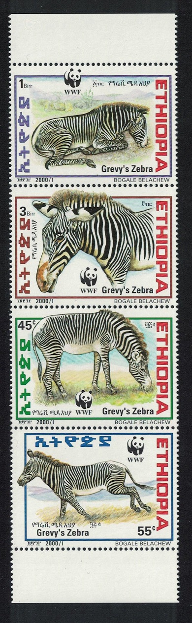 Ethiopia WWF Grevy&#39;s Zebra Vertical Strip of 4v 2001 MNH SG#1816-1819 MI#1704-1707 Sc#1533 a-d