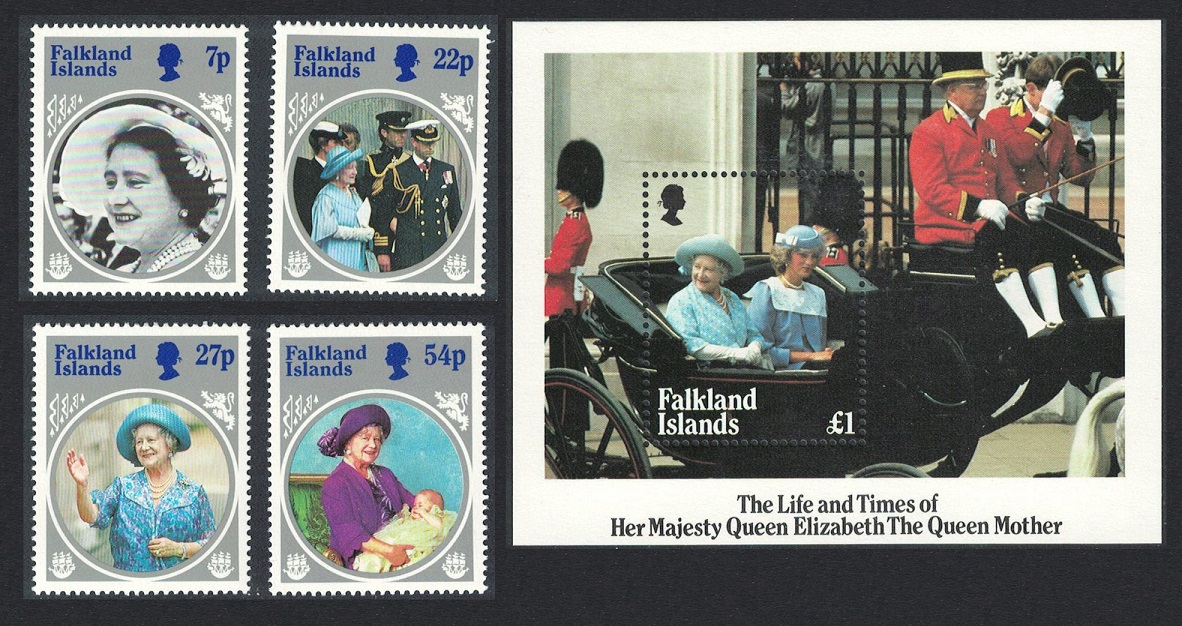 Falkland Islands Queen Elizabeth the Queen Mother 4v+MS 1985 MNH SG#505-MS509 MI#427-430+Block 5 Sc#420-424