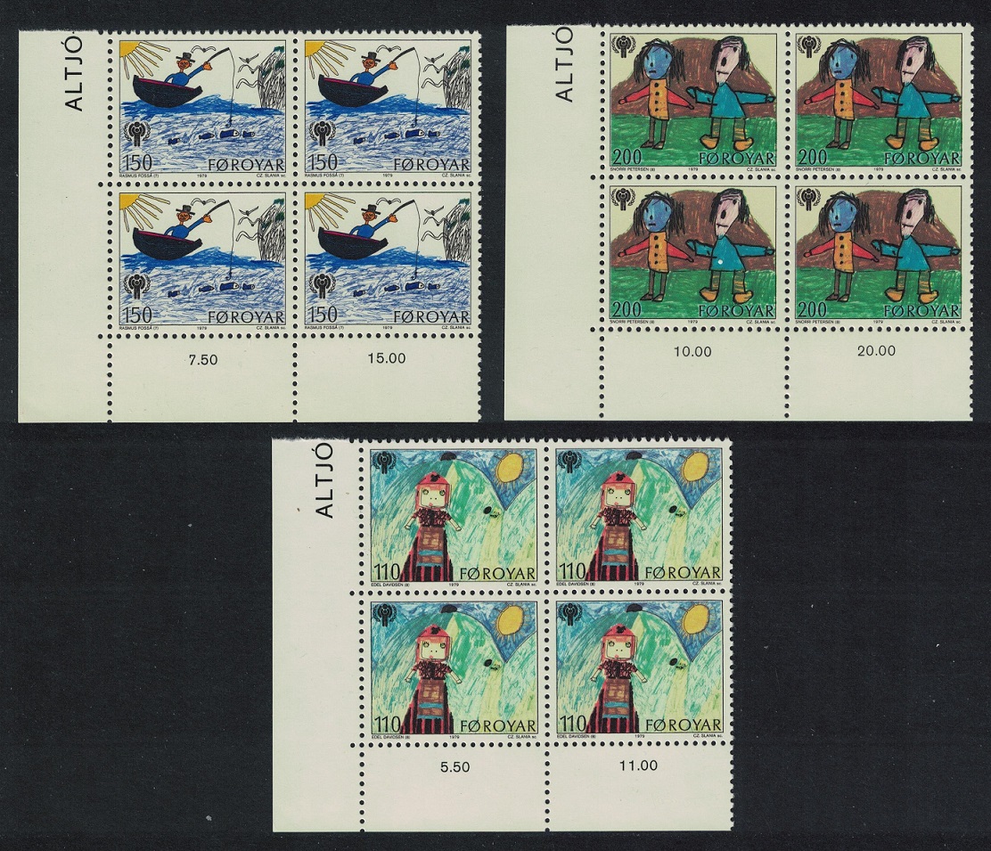 Faroe Islands International Year of Child 3v Corner Blocks of 4 1979 MNH SG#44-46 Sc#45-47