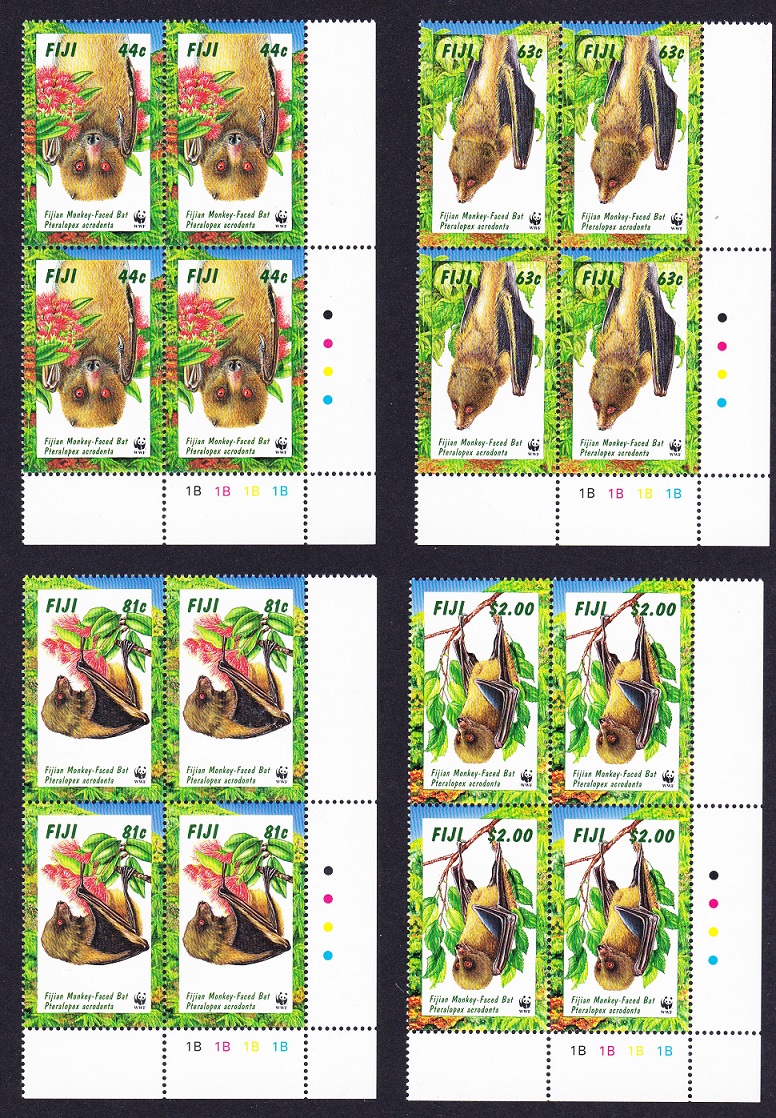 Fiji WWF Fijian Monkey-faced Bat 4 Corner Blocks 1997 MNH SG#986-989 MI#812-815 Sc#797-800